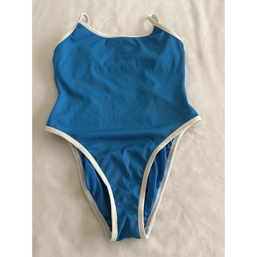 Shade & Shore Ribbed One Piece Swimsuit Womens M 8-10 Blue White Trim Beach